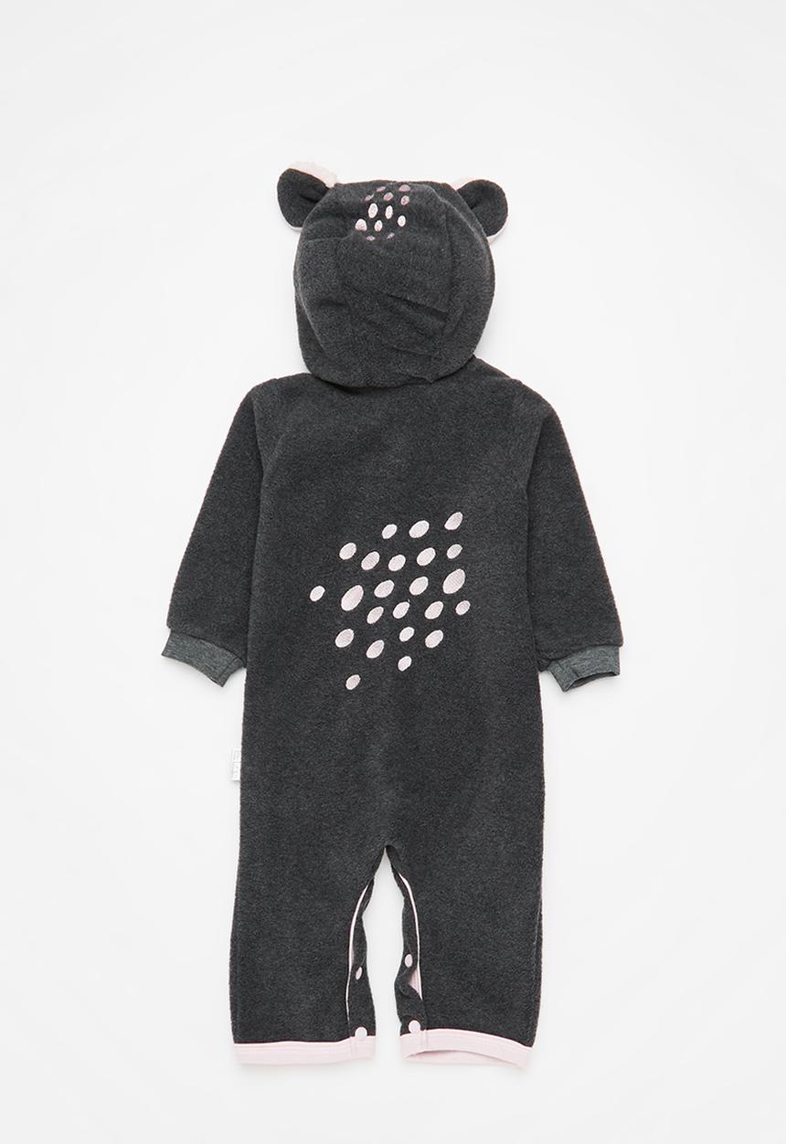 Little Lumps - Bear spotted polar babygro - charcoal/pink lining