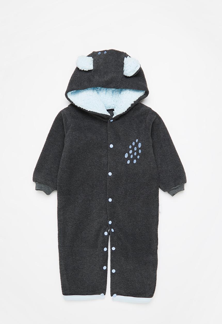 Little Lumps - Bear spotted polar babygro - charcoal/blue lining