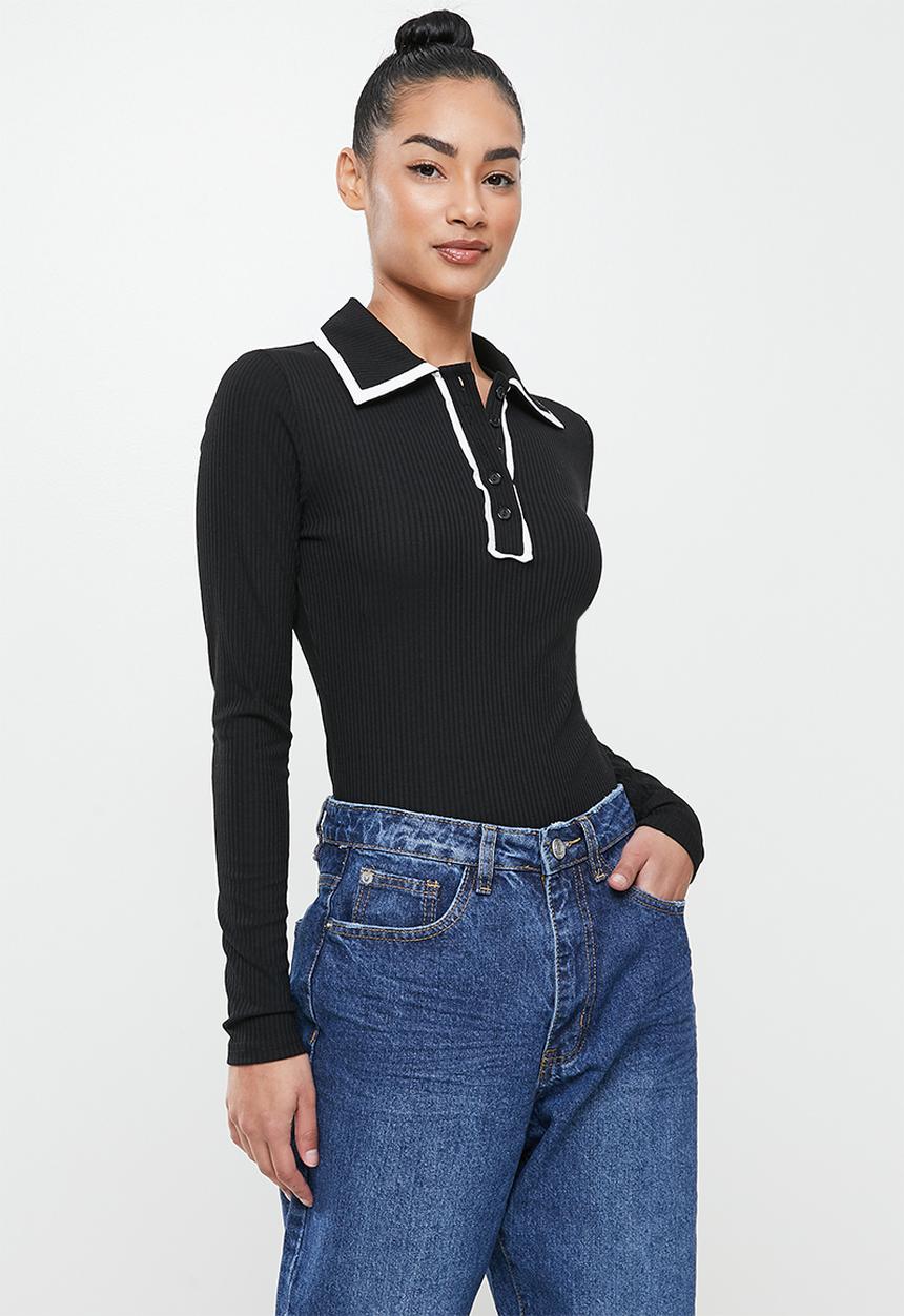 Glamorous - Petite contrast piping long sleeve bodysuit - black