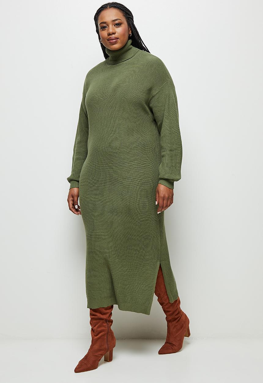 edit Plus - Highneck column knitwear dress- khaki