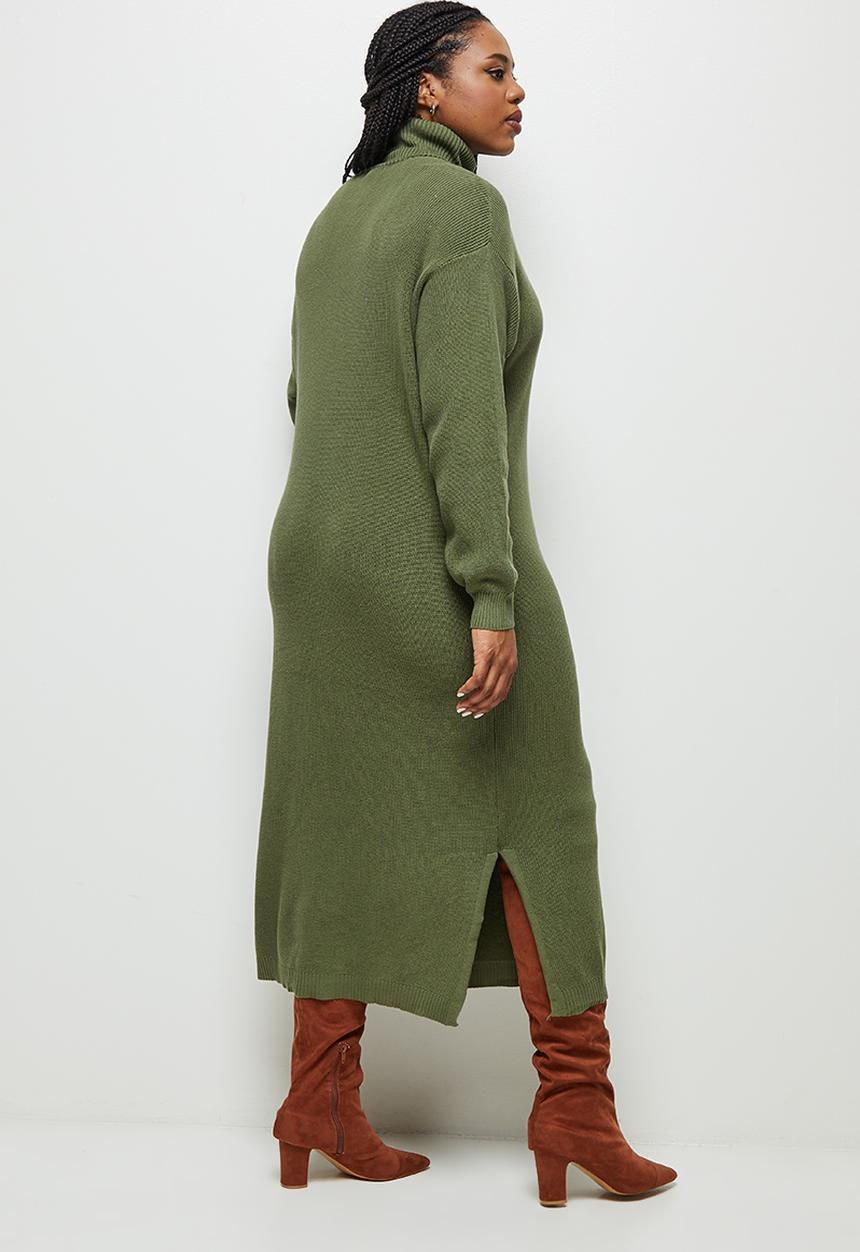 edit Plus - Highneck column knitwear dress- khaki