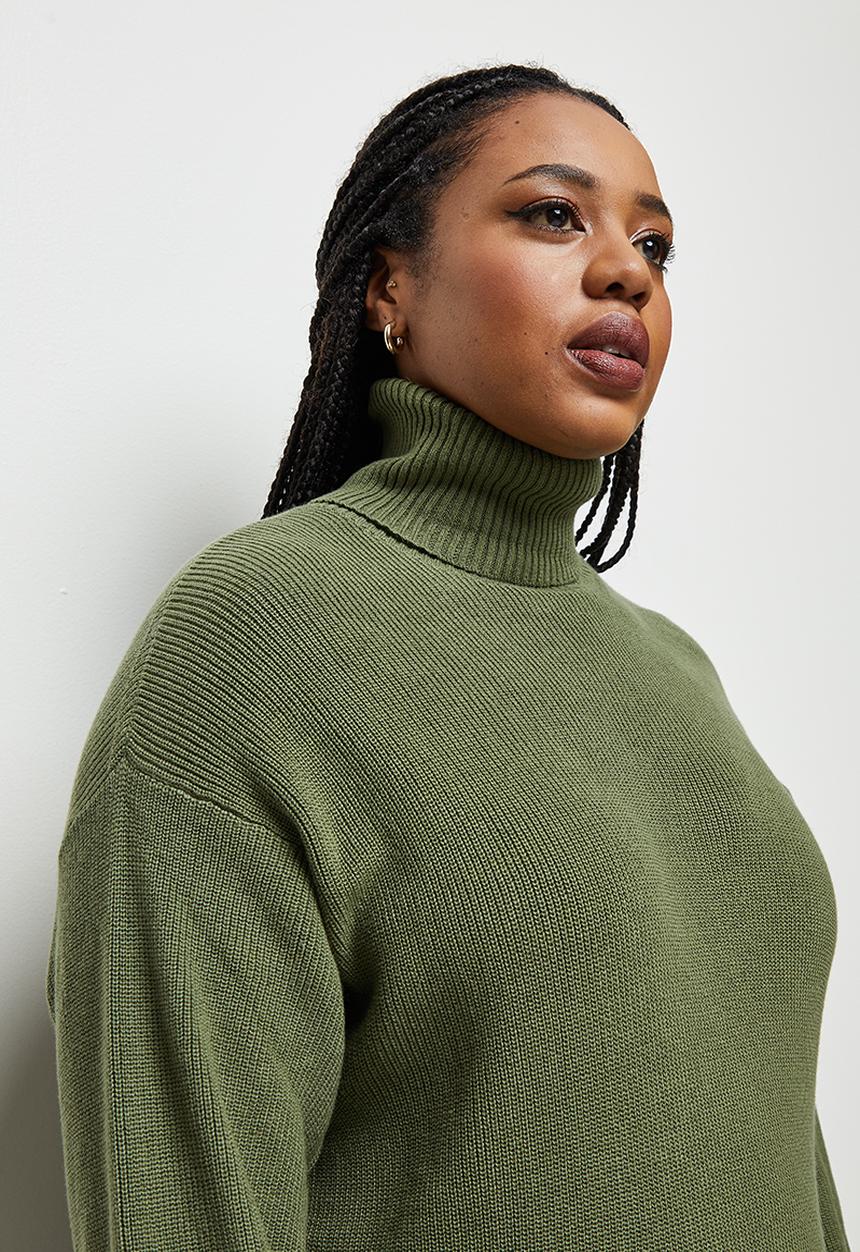 edit Plus - Highneck column knitwear dress- khaki