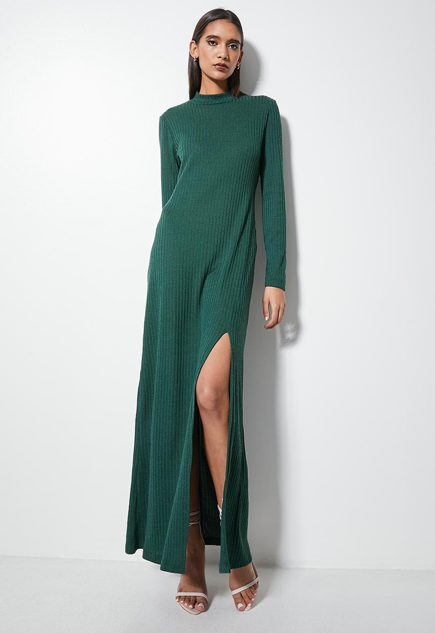 VELVET - High neck knit maxi with thigh slit - bottlegreen