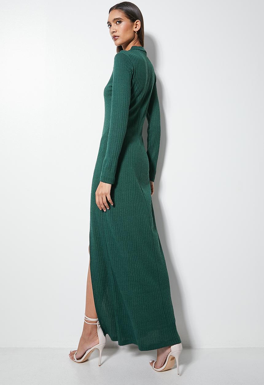 VELVET - High neck knit maxi with thigh slit - bottlegreen