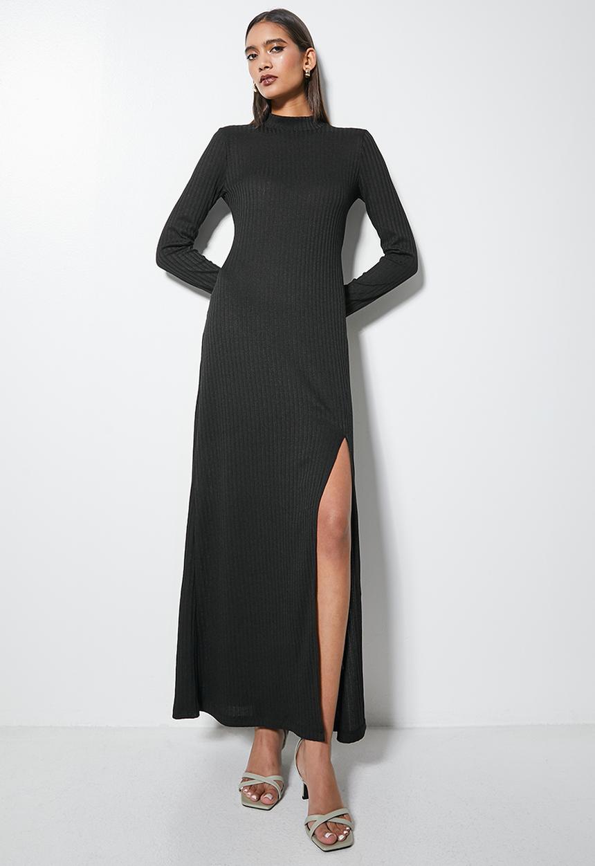 VELVET - High neck knit maxi with thigh slit - black