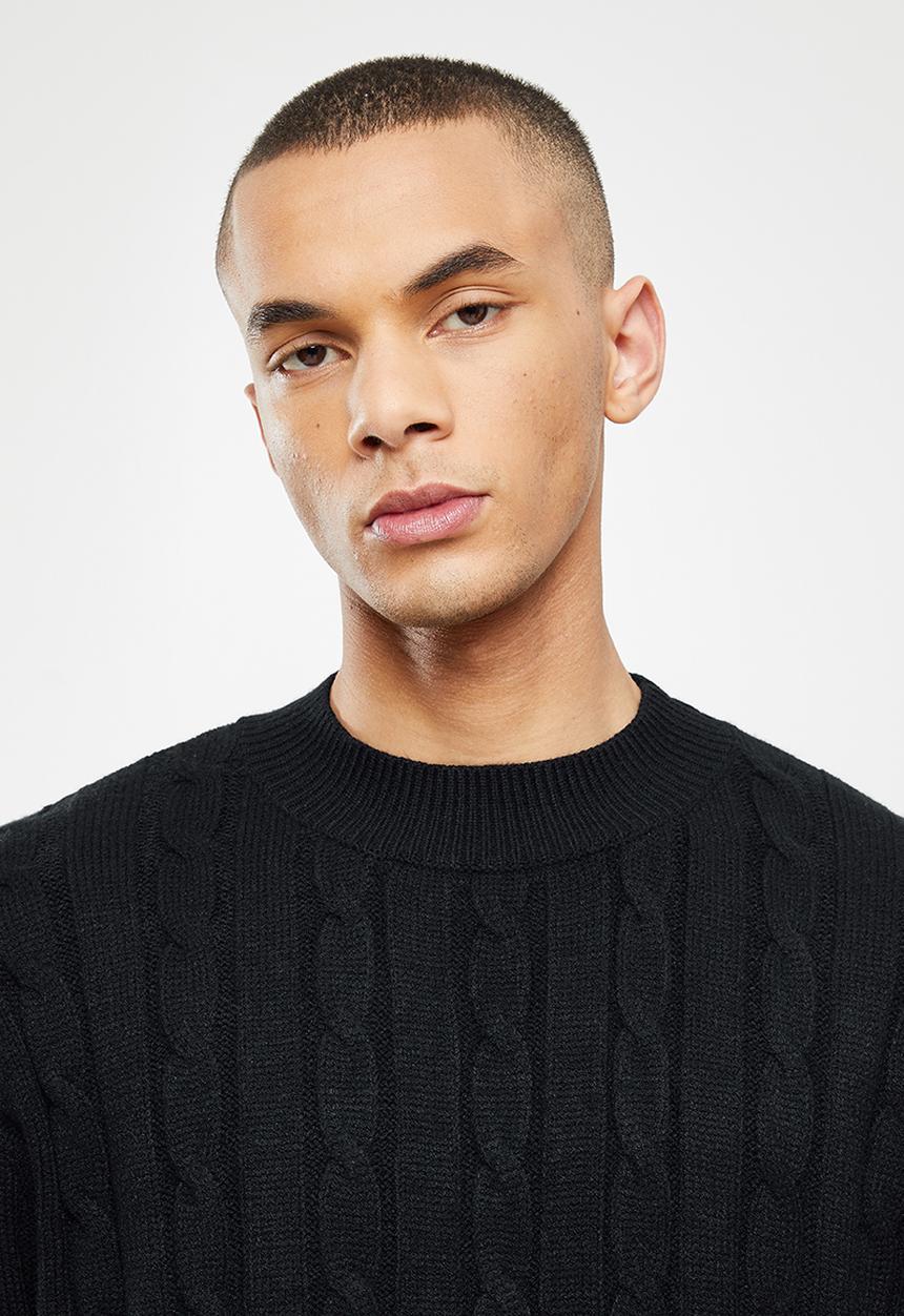 Jonathan D - Men's cable knit crew neck sweater - black