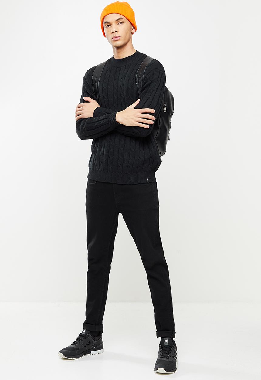 Jonathan D - Men's cable knit crew neck sweater - black
