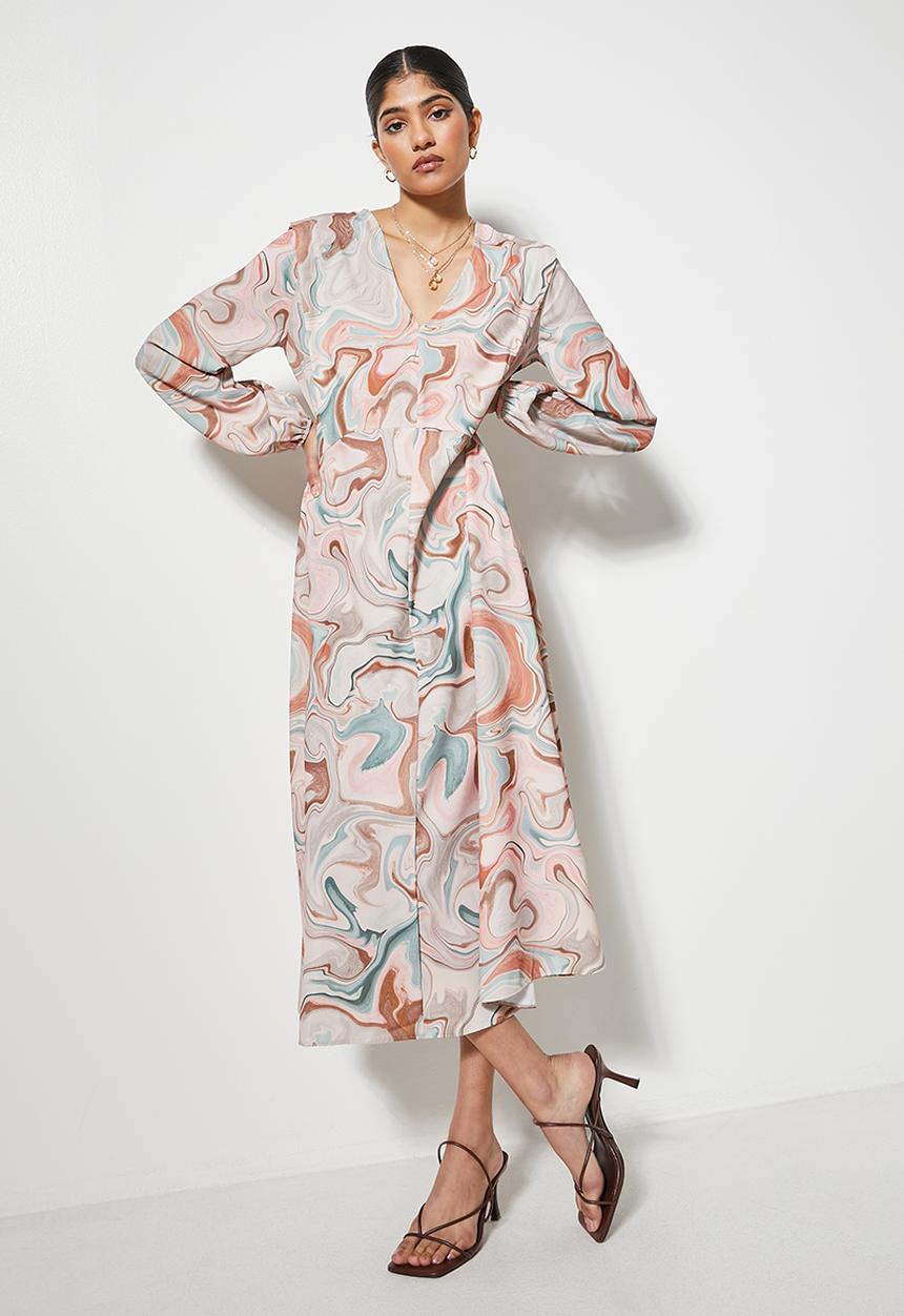 VELVET - Tucked shoulder maxi trapeze dress - neutral marble