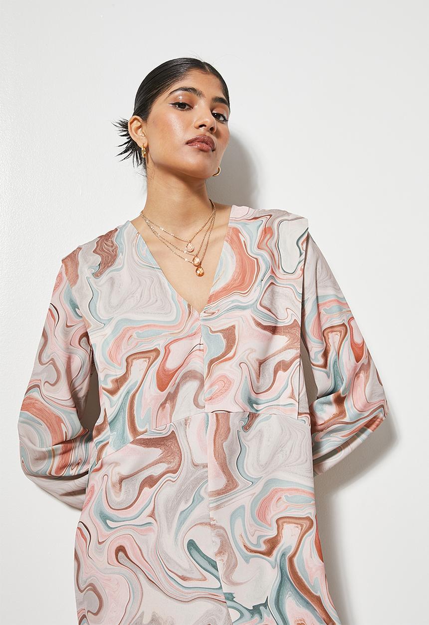 VELVET - Tucked shoulder maxi trapeze dress - neutral marble