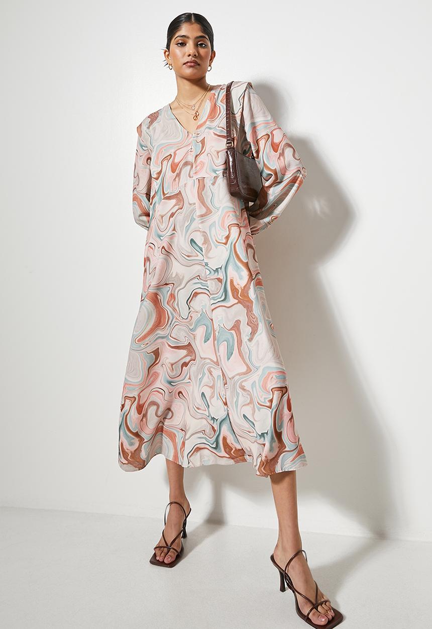VELVET - Tucked shoulder maxi trapeze dress - neutral marble