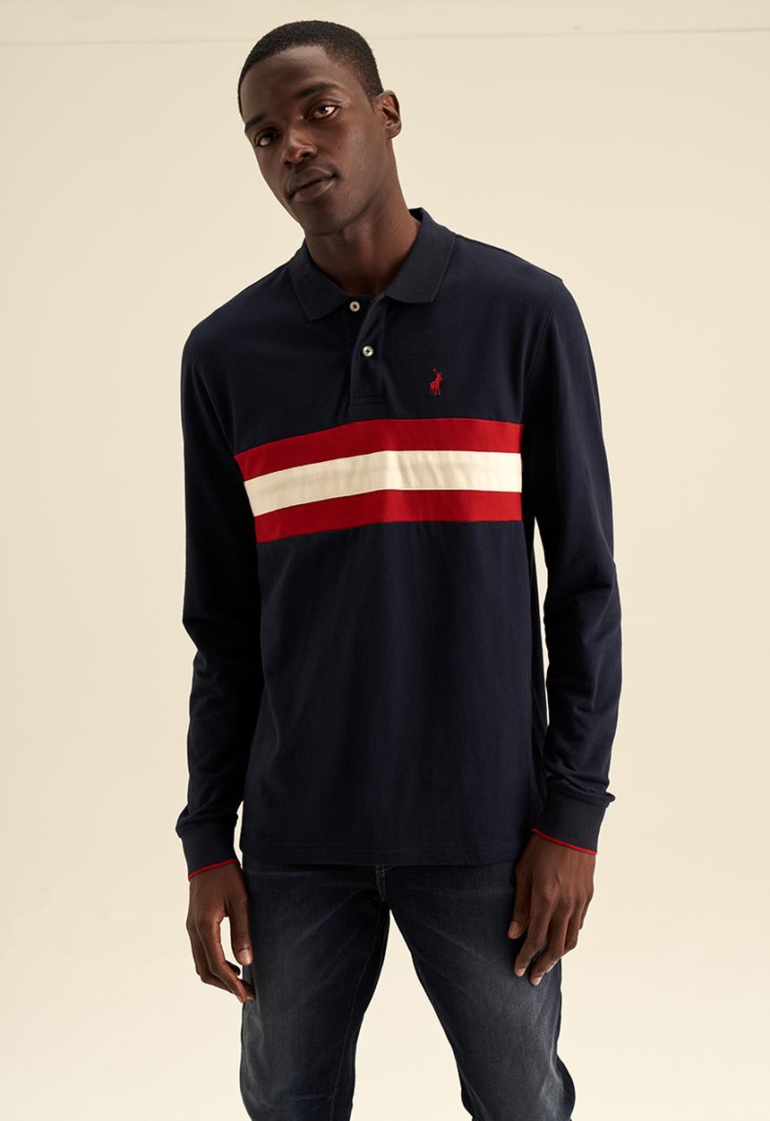 POLO - Mens stripe pique long sleeve golfer - navy