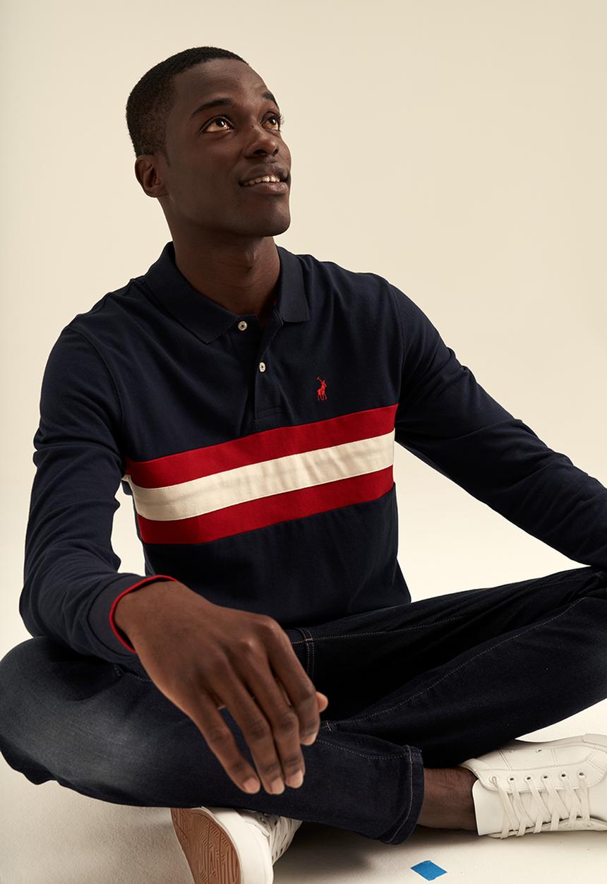 POLO - Mens stripe pique long sleeve golfer - navy
