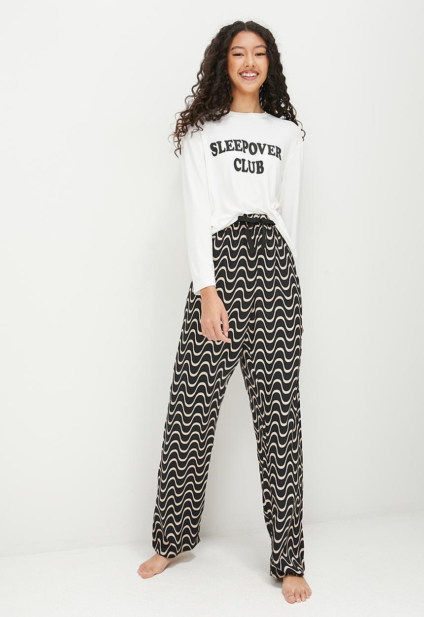 Blake - Placement print top & printed trouser sleep set - stone & waveprint