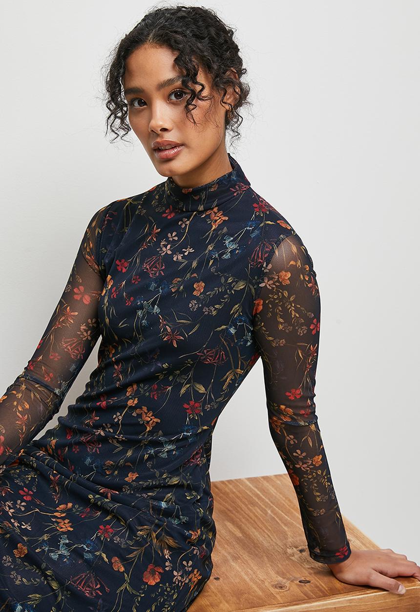 MILLA - Long sleeve mesh dress - soft botanical