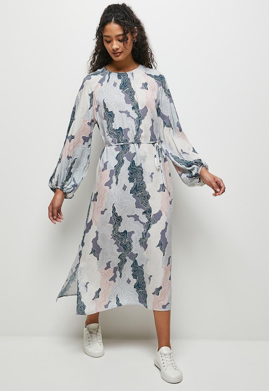 edit - Bubble sleeve belted midaxi - soft marble