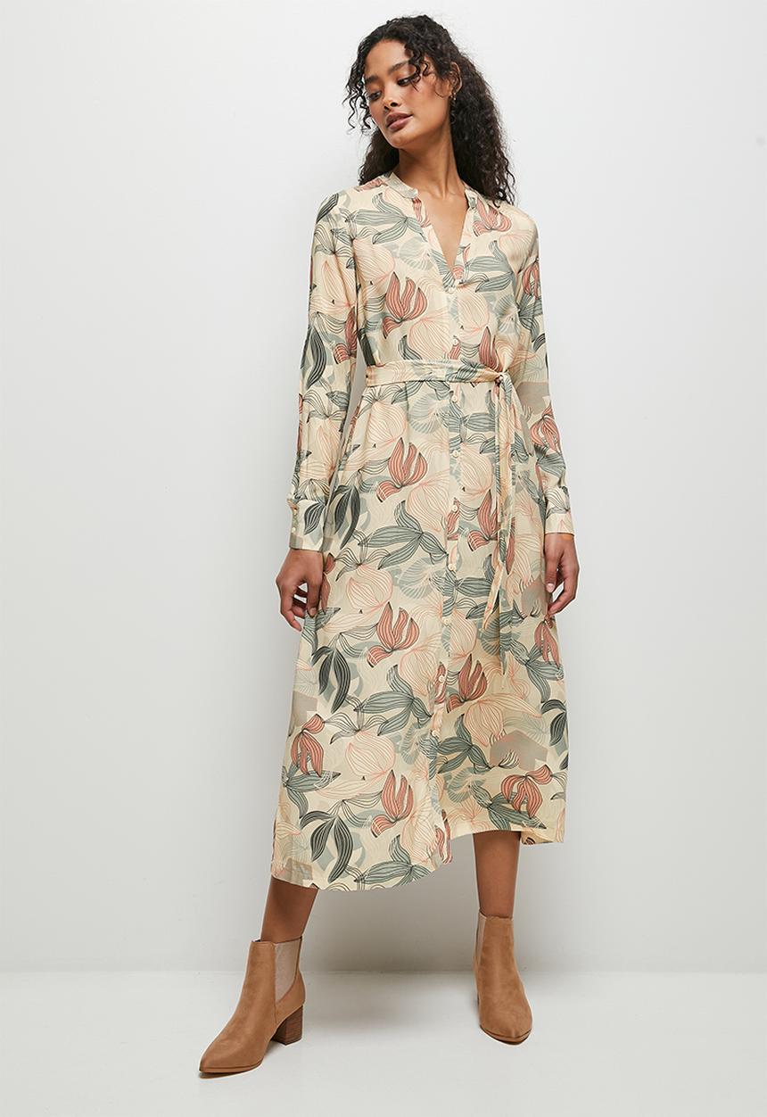 edit - Notch neck collared midi shirt dress - soft linear leaves
