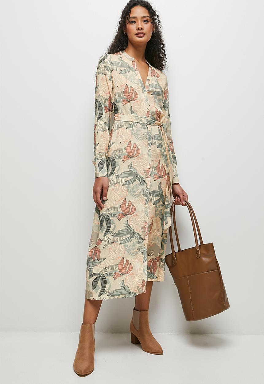 edit - Notch neck collared midi shirt dress - soft linear leaves