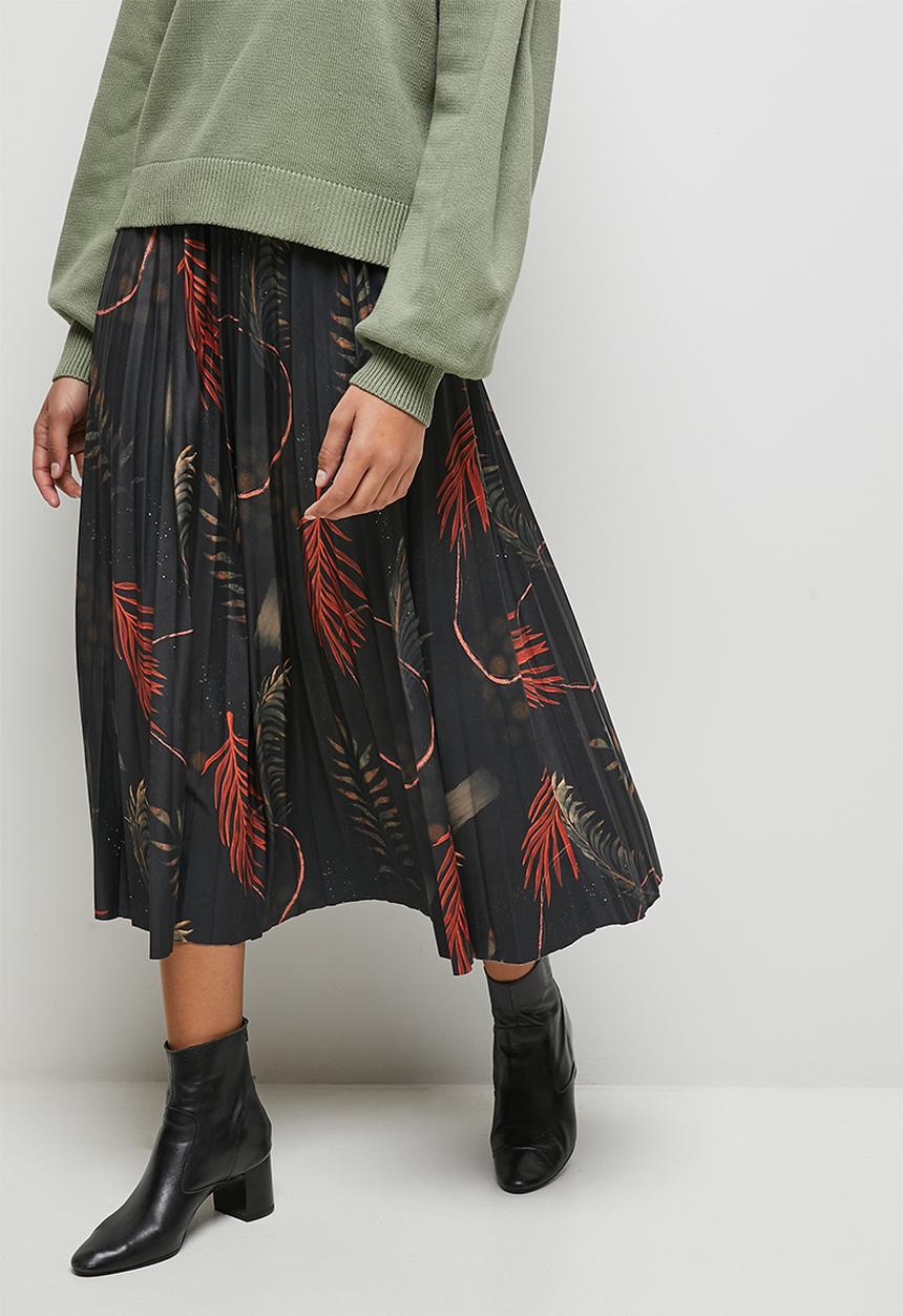 edit - Printed knit pleated midi skirt - dark foliage