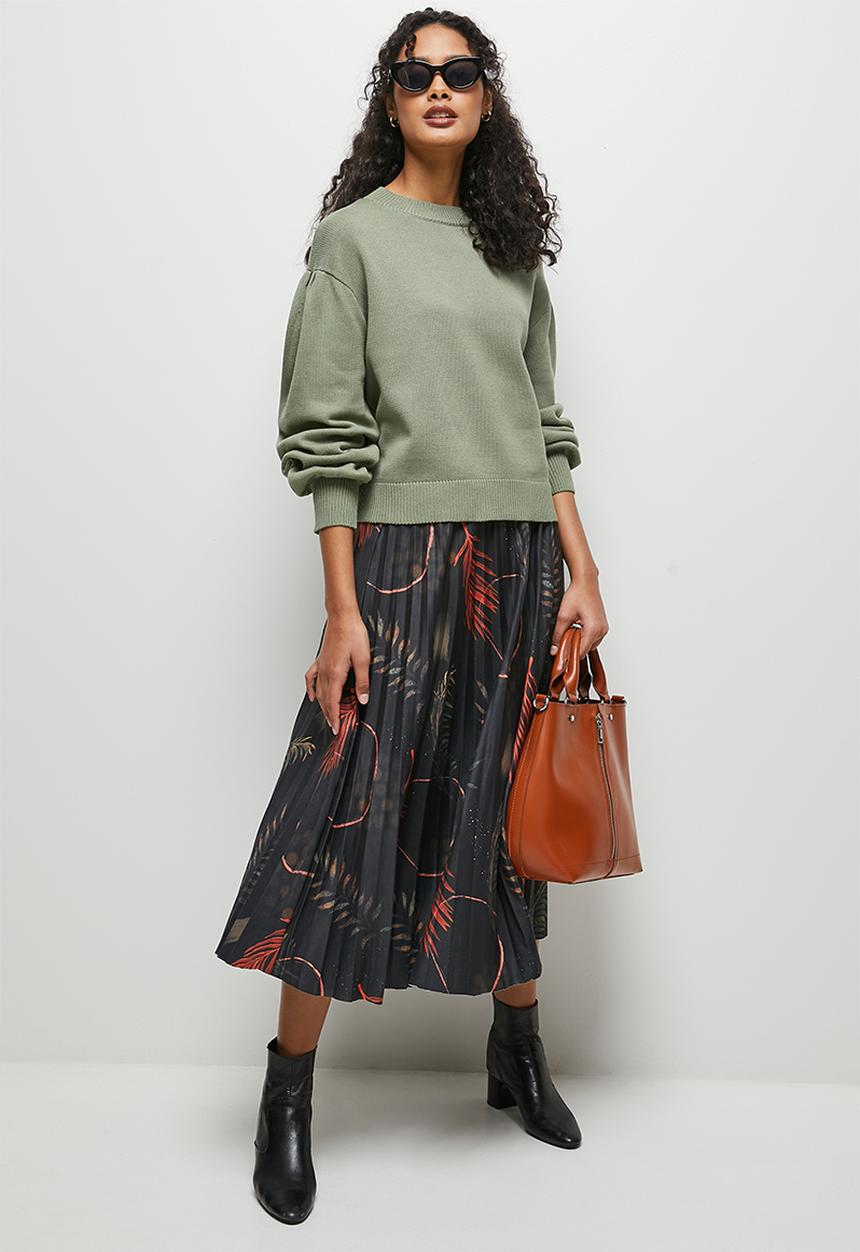 edit - Printed knit pleated midi skirt - dark foliage