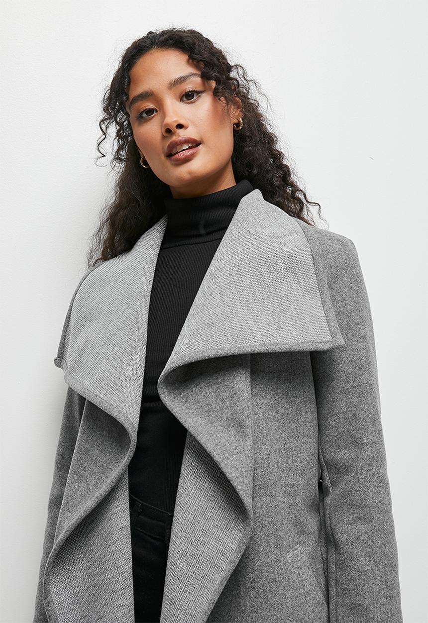 edit - Wide collar long melton - grey melange 