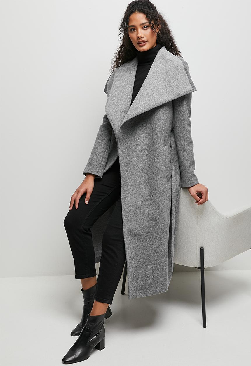 edit - Wide collar long melton - grey melange 