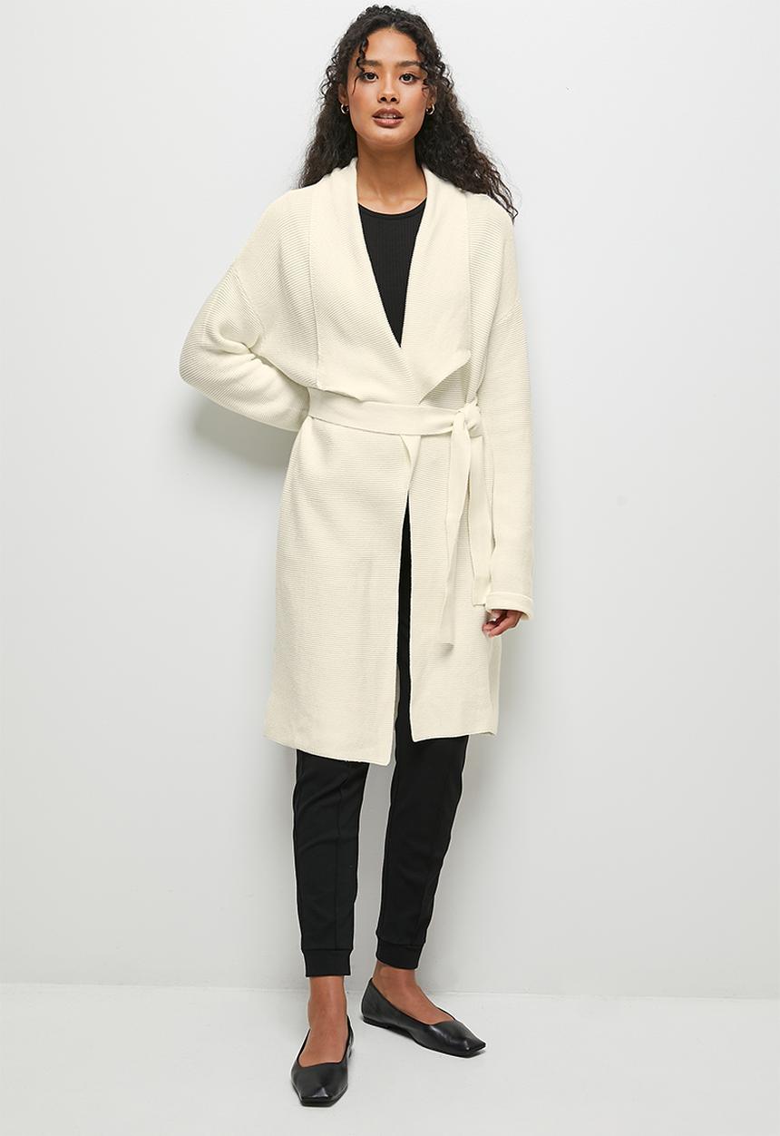 edit - Ribbed longline belted cardigan - milk