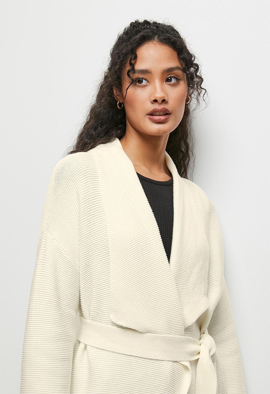 edit - Ribbed longline belted cardigan - milk