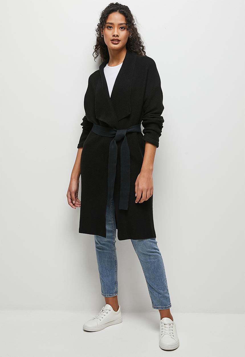 edit - Ribbed longline belted cardigan - black
