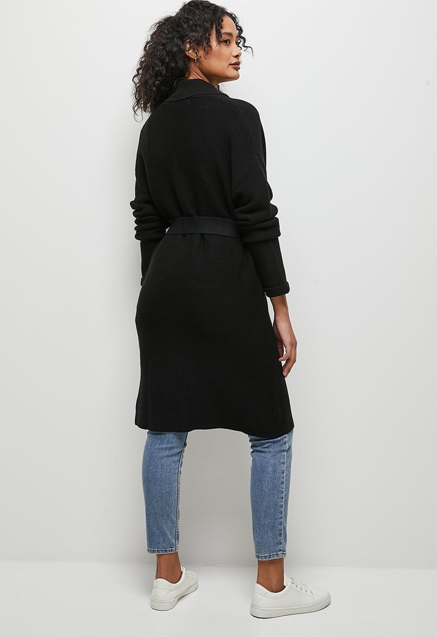 edit - Ribbed longline belted cardigan - black