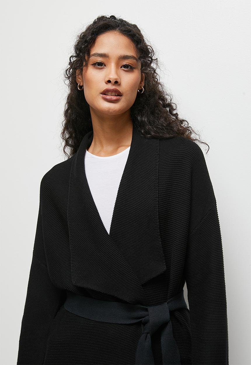 edit - Ribbed longline belted cardigan - black
