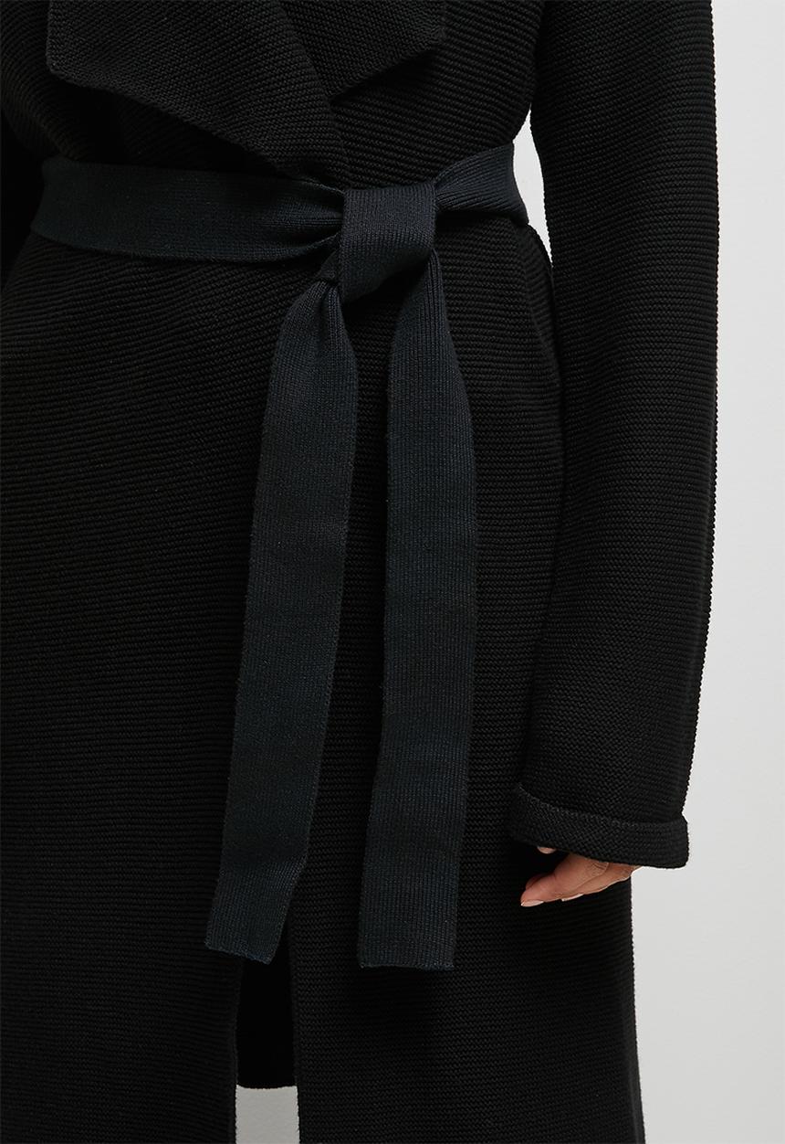 edit - Ribbed longline belted cardigan - black