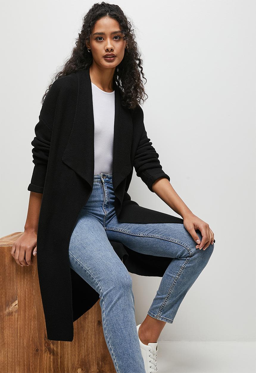 edit - Ribbed longline belted cardigan - black