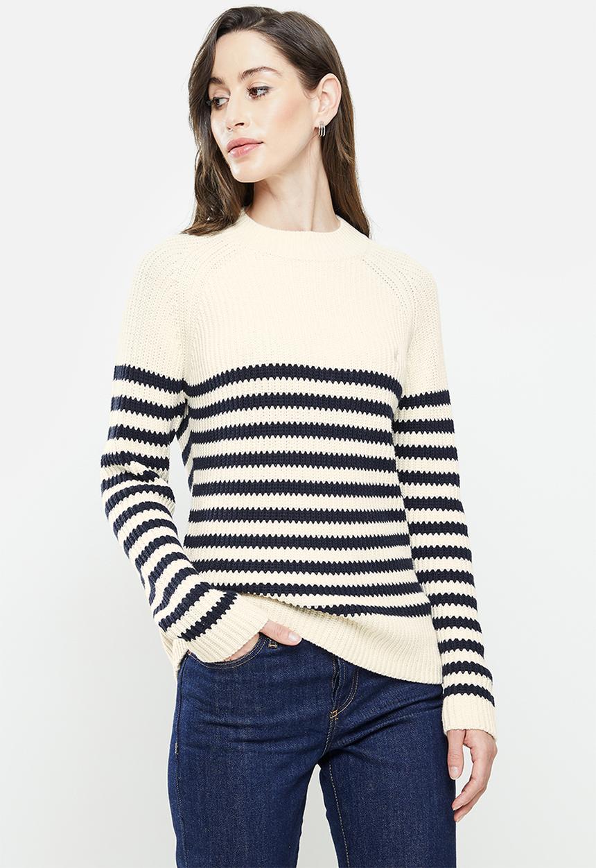 POLO - Breton stripe chunky knit - white