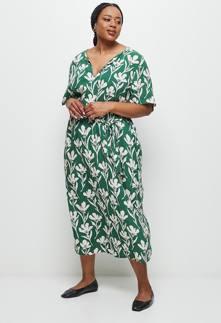 edit Plus - Notch neck belted column dress - green & cream floral