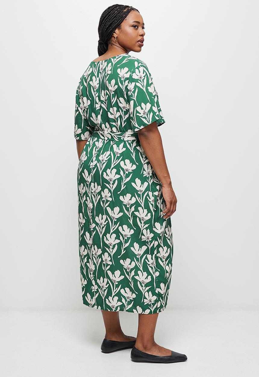edit Plus - Notch neck belted column dress - green & cream floral