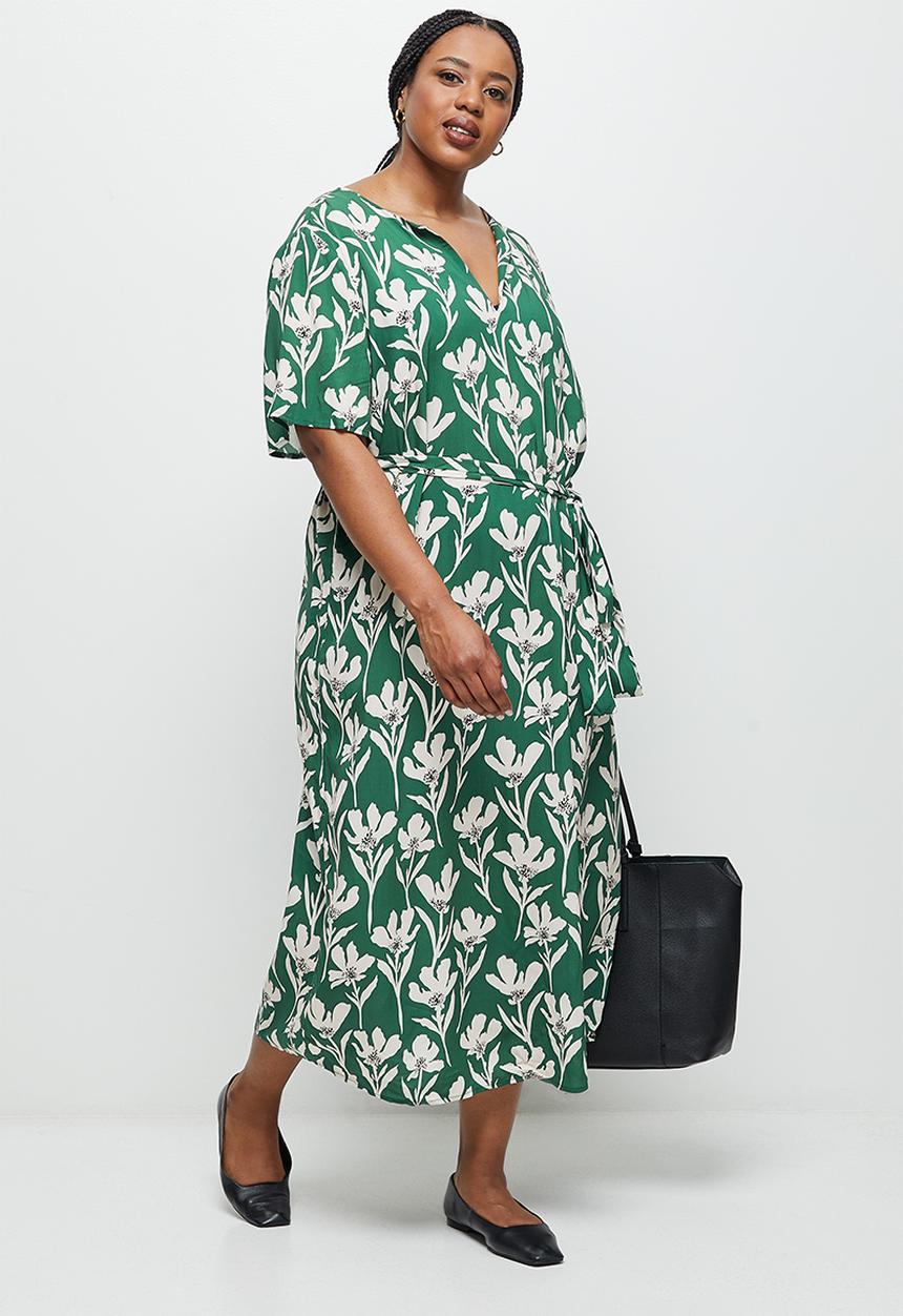 edit Plus - Notch neck belted column dress - green & cream floral