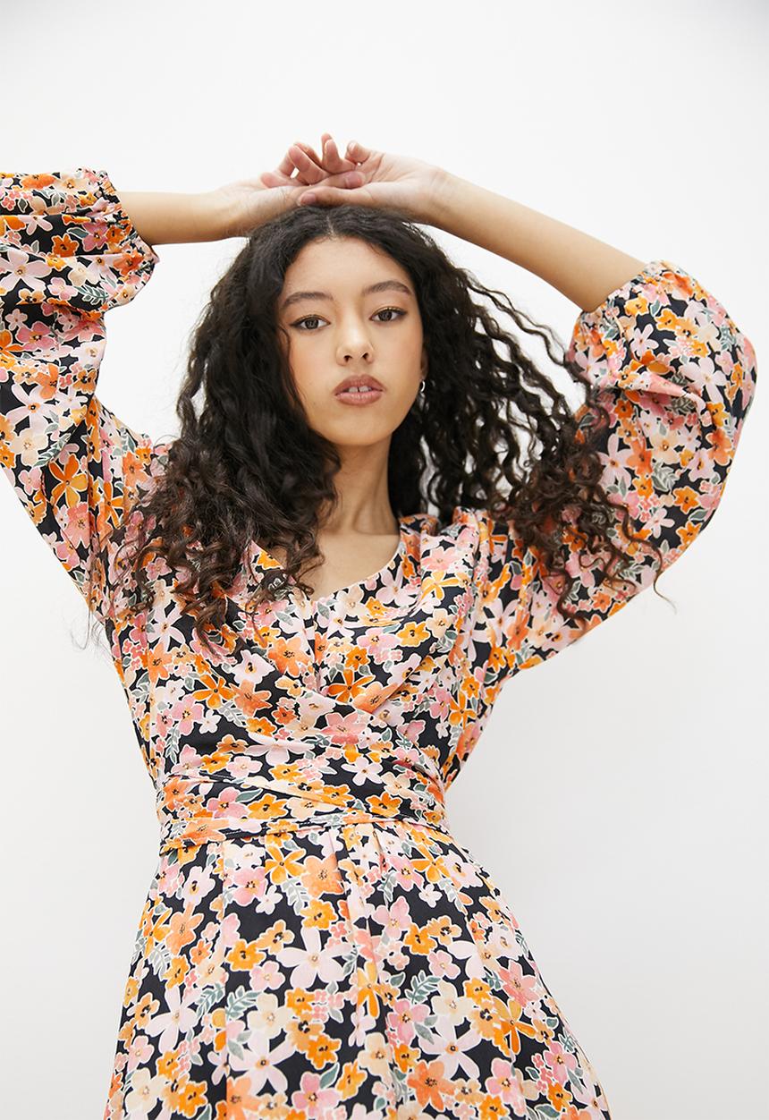 Blake - Printed wrap fit and flare - black floral