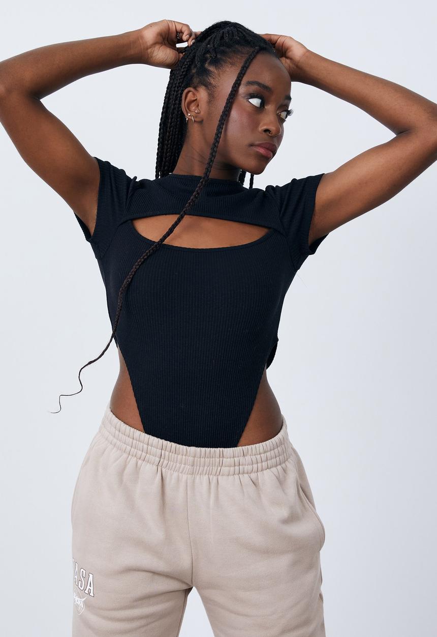 Factorie - Cut out high cut bodysuit - black