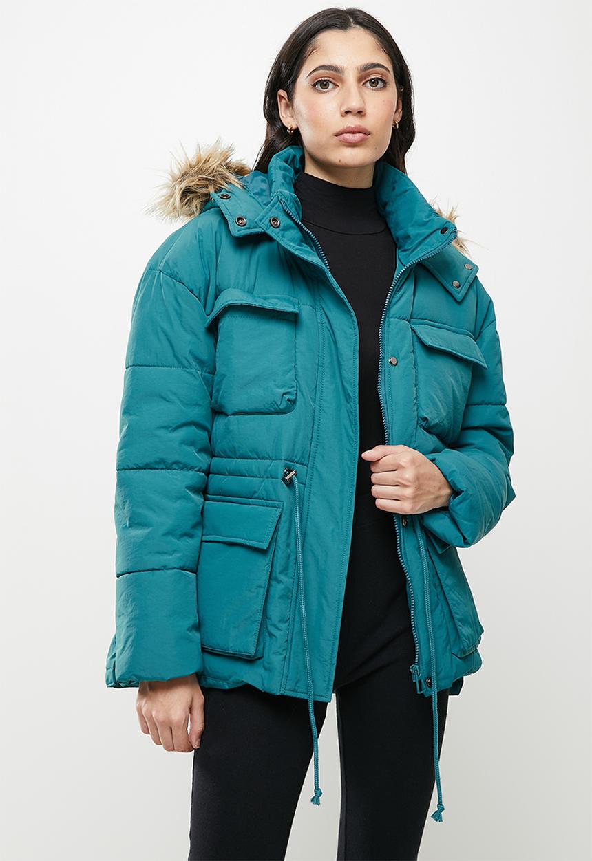 Koton - Hooded faux fur detailed puffer jacket - blue