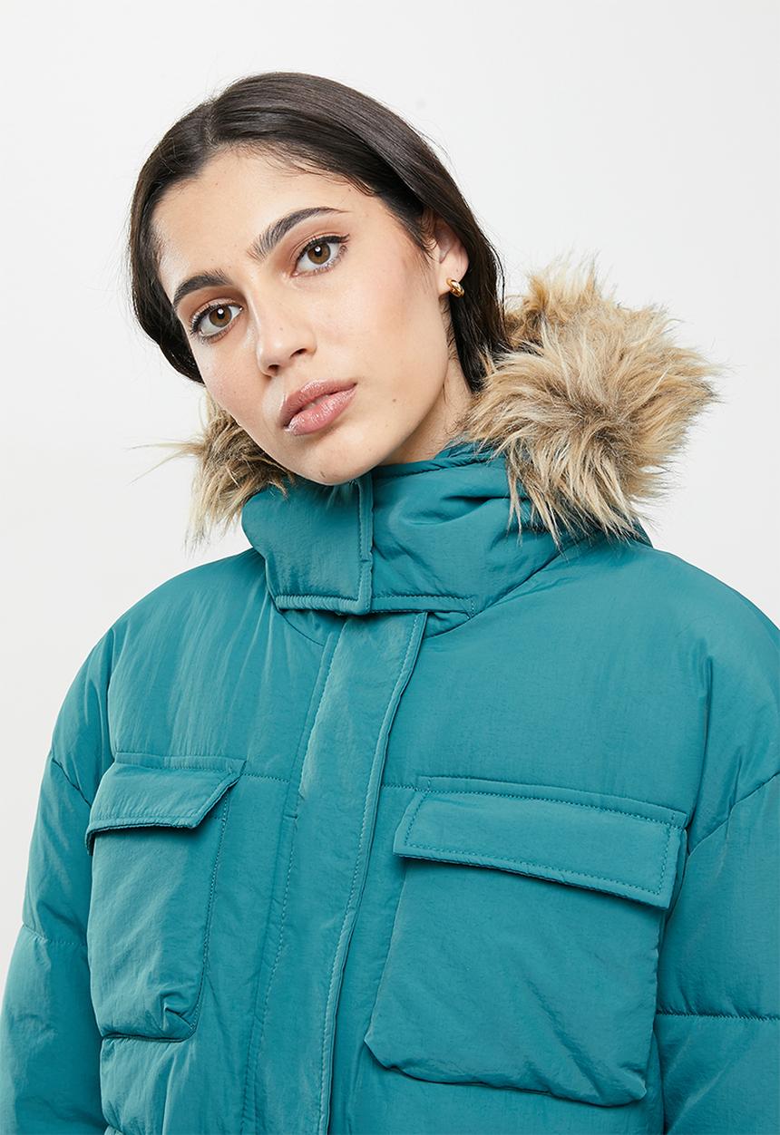 Koton - Hooded faux fur detailed puffer jacket - blue
