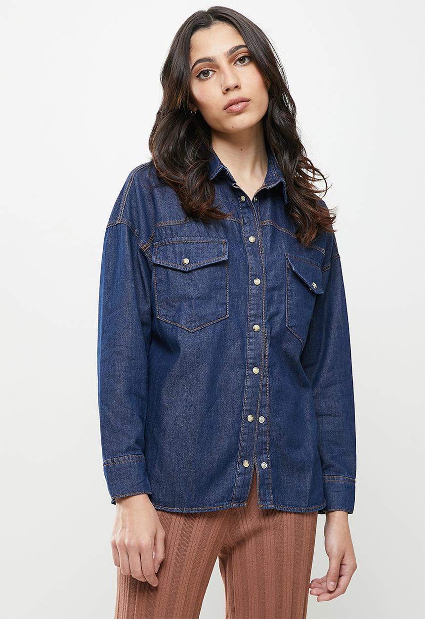 Koton - Classic neck long sleeve jean shirt - blue