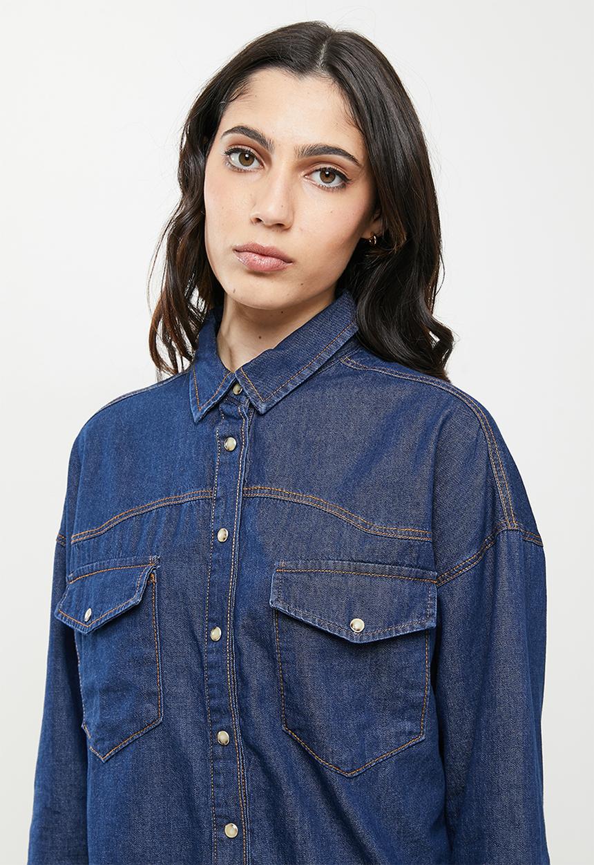 Koton - Classic neck long sleeve jean shirt - blue
