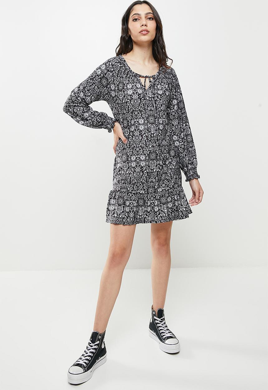 Koton - Long sleeve mini floral dress - black