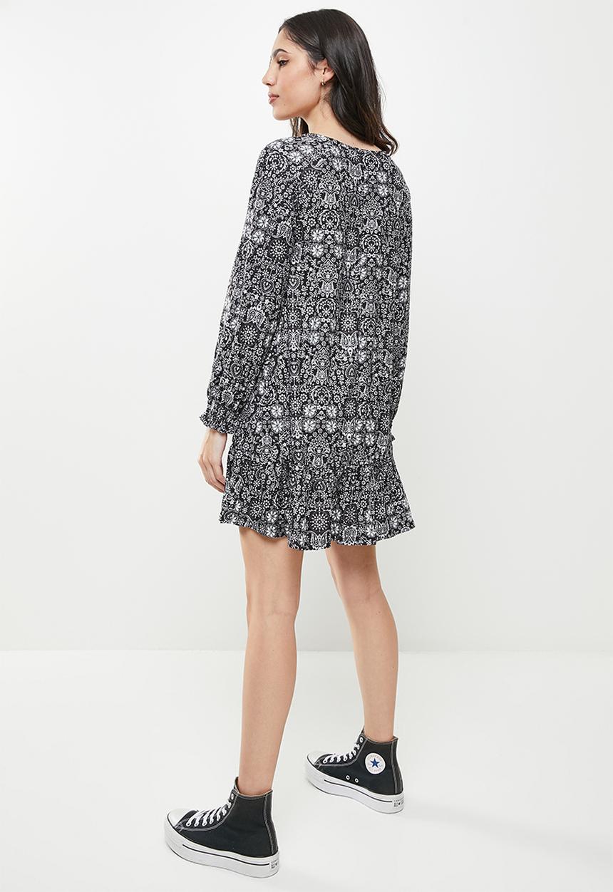 Koton - Long sleeve mini floral dress - black