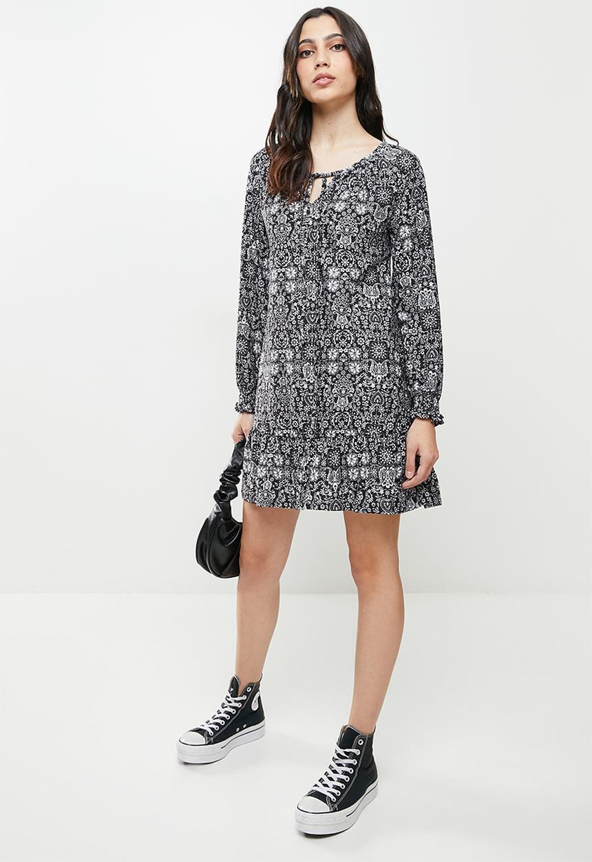 Koton - Long sleeve mini floral dress - black