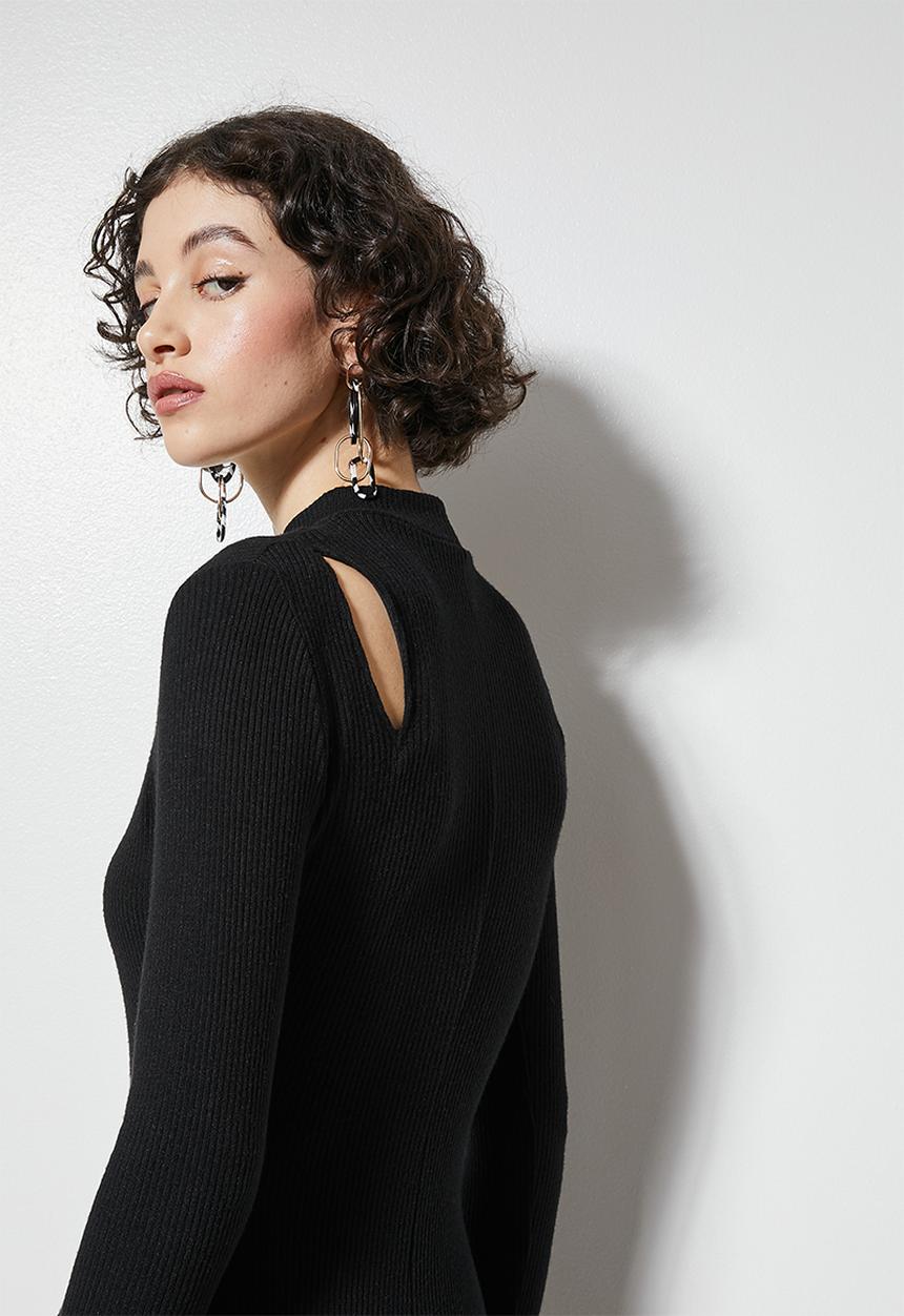 VELVET - Soft touch rib cut out shoulder midi dress - black