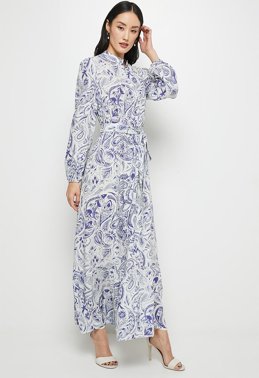 edit - Button down mandarin collar tier maxi - blue & white