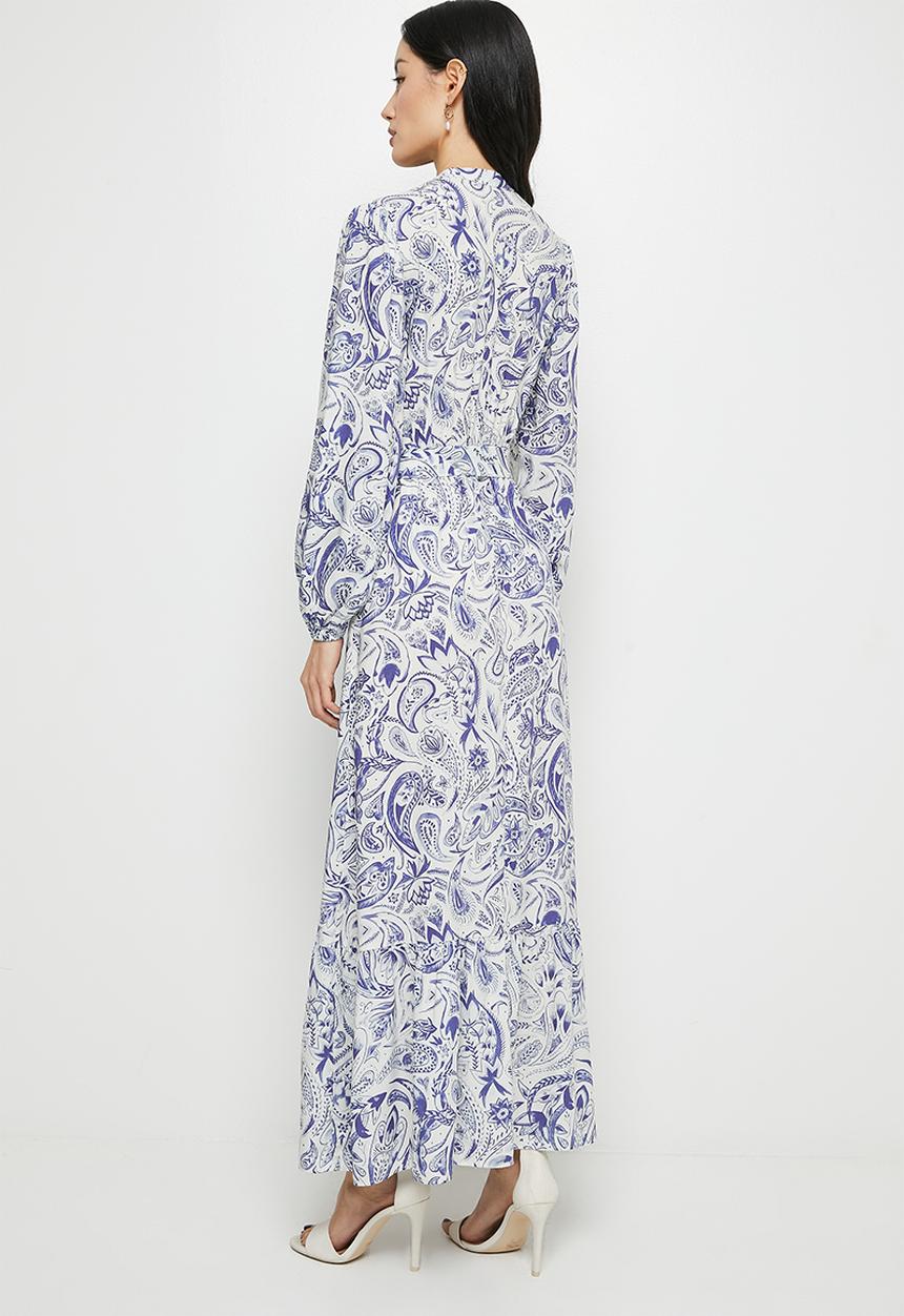 edit - Button down mandarin collar tier maxi - blue & white