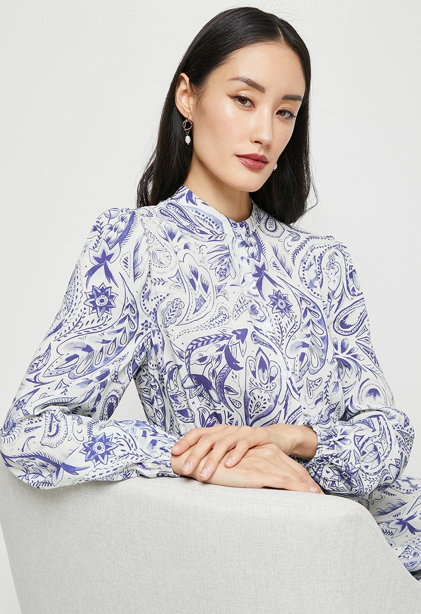 edit - Button down mandarin collar tier maxi - blue & white