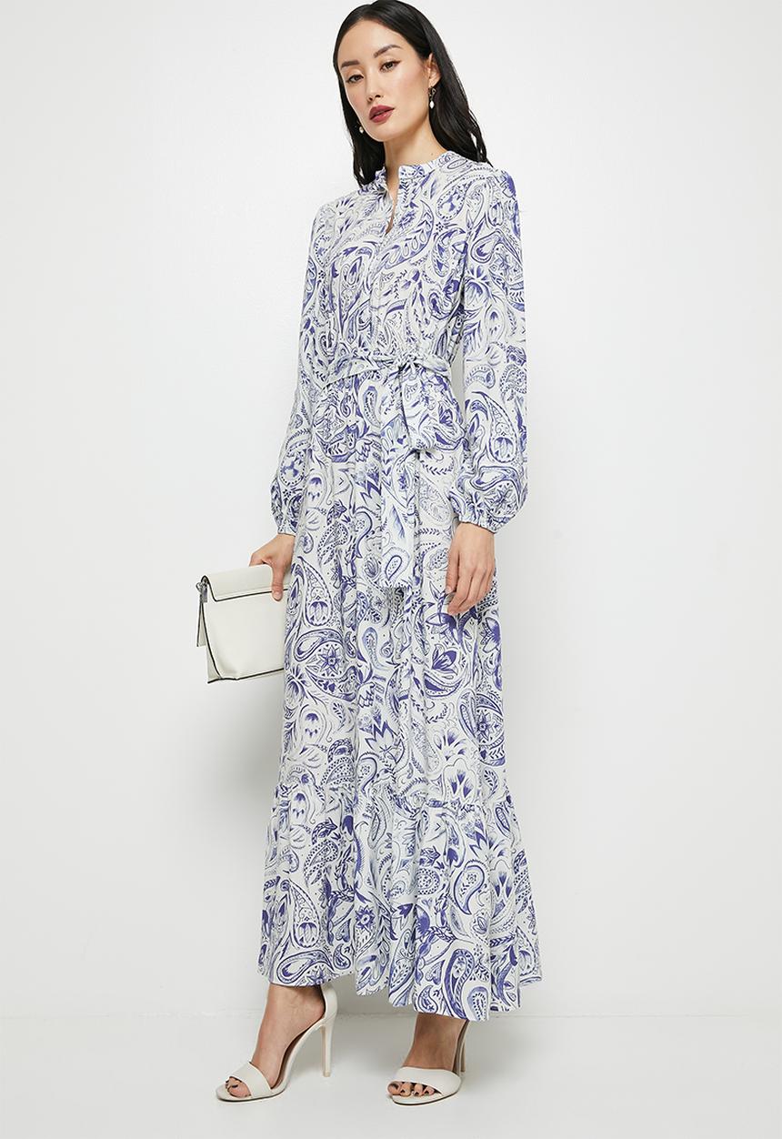 edit - Button down mandarin collar tier maxi - blue & white